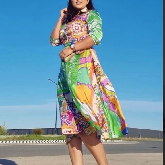 Boho Paisley Print Button up Satin Dress - Picture 5 of 7